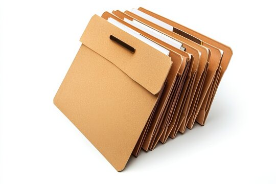 Organized collection of brown file folders stacked neatly on a table in a bright office setting isolated on transparent background
