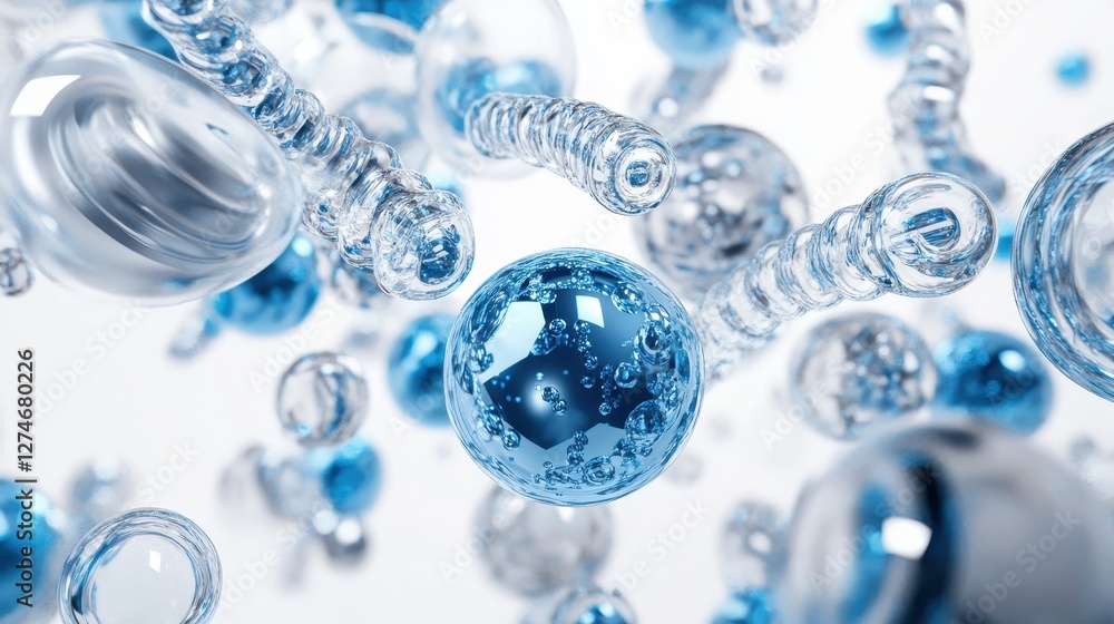 Poster close-up view of blue and transparent soap bubbles with reflections