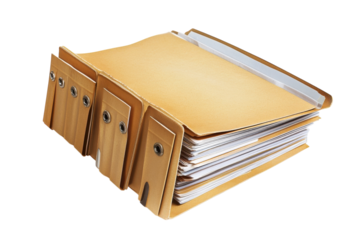 Documents neatly organized in a brown folder, reflecting a tidy workspace isolated on transparent background