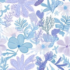 Obraz premium A vibrant floral design showcases an array of blue and lavender flowers alongside intricate leaves. The pattern is ideal for fabric or home decor, radiating a fresh and colorful vibe
