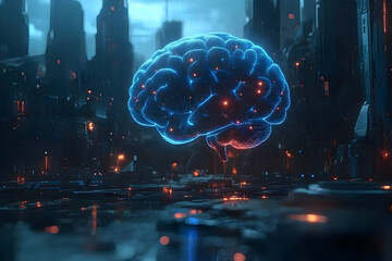 Futuristic brain over a city skyline, digital art