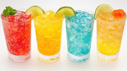 Colorful refreshing drinks in clear glasses with ice and garnishes on a bright background