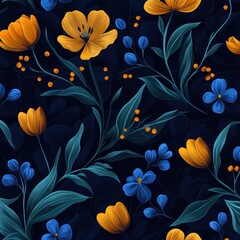 The design features vivid yellow and blue flowers against a dark backdrop, creating a striking visual. Various floral shapes and leaves intertwine, enhancing the depth and beauty of the pattern