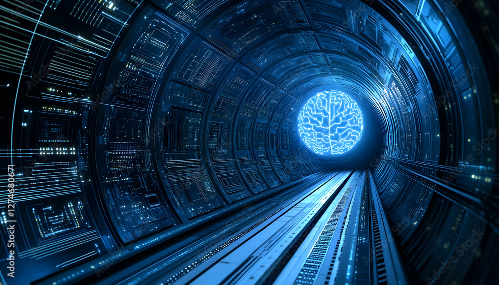 Poster futuristic brain tunnel, digital technology, advanced processing, potential use in technology or sci
