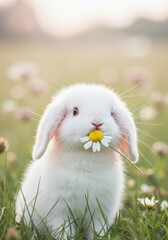 A tiny fluffy rabbit holding a chamomile flower in its mouth, perfect for a cozy pet background.
