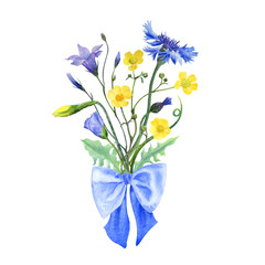 Bouquet of cornflowers, forget-me-nots, camomiles, buttercups and daffodils with blue bow. Hand drawn isolated watercolor illustrations on white background. perfect for decoration, invitations, cards.