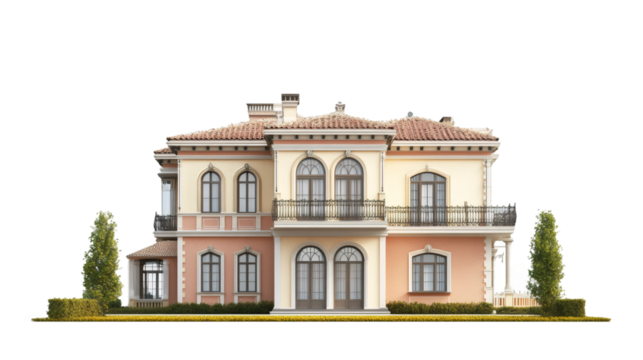 Luxury house with garden and transparent background representing wealth, real estate and architecture