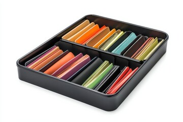 Naklejka premium Colorful array of organized wallets displayed in a neat black storage container isolated on transparent background