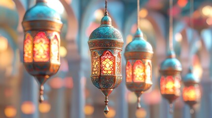 Obraz premium Illuminated lanterns hanging in ornate mosque, festive background, Ramadan celebration