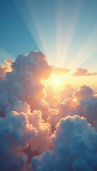 Clouds and sunbeams in a gentle sky , sunlight, peaceful, clouds