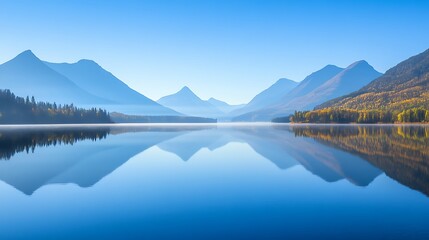 Fototapeta premium Serene mountain lake reflecting autumnal colors and peaks