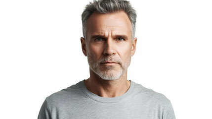 Obraz premium Serious mature male with gray hair and beard, posing in gray t-shirt against transparent background, direct camera gaze