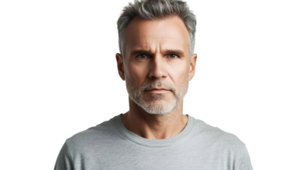 Serious mature male with gray hair and beard, posing in gray t-shirt against transparent background, direct camera gaze