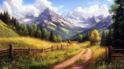 Scenic mountain landscape with meadow path, autumn trees, and snow-capped peaks in bright daylight