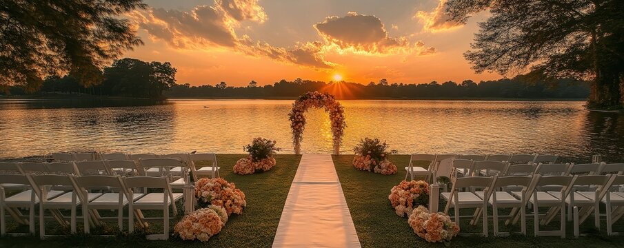 Scenic outdoor wedding setup at sunset by a serene lake with floral archway