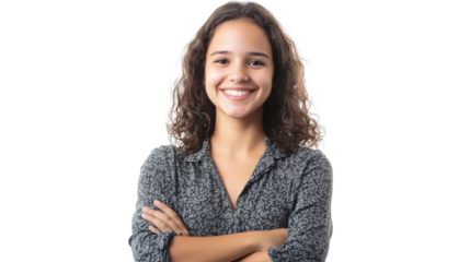 Professional businesswoman confidently standing with crossed arms, radiating success and corporate leadership on transparent background