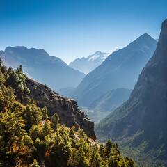 Autumn in Himalaya mountains. Morning view of the Marsyangdi river valley with the Swagadwari danda...