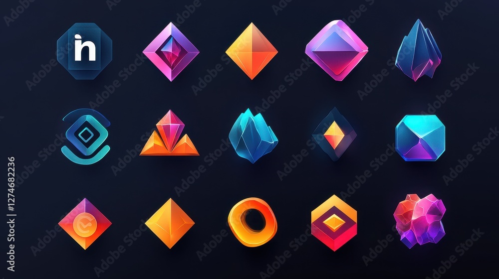 Poster colorful geometric icons on dark background displaying various 3d abstract shapes