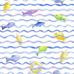 Obraz premium Seamless hand drawn playful marine sea watercolor pattern with colorful fish and lifebuoy on white background. Perfect for design templates, wallpaper, wrapping, fabric, textile and decoration.