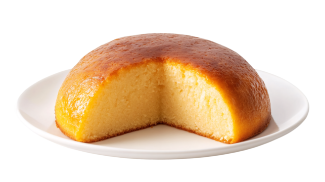 Round magic cake with a slice cut out showing its fluffy texture, served on white plate, isolated on transparent background