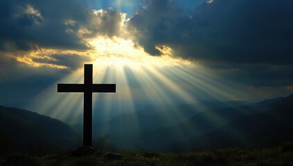 Fototapeta premium A cross is silhouetted against the sky, with rays of sunlight piercing through the dark clouds above it and mountains in the background Generative AI