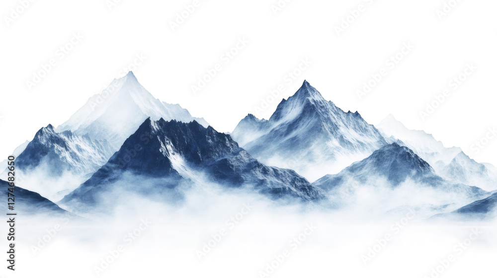 Poster snowy mountain range emerging through misty layers, dramatic landscape with transparent backdrop, pe