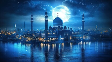 Fototapeta premium Night scene of a majestic mosque by the lake under a full moon, perfect for religious celebrations or travel brochures