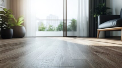 Spacious living room with wooden floor and plants by large window overlooking cityscape