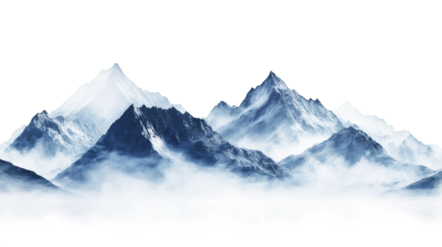 Snowy mountain range emerging through misty layers, dramatic landscape with transparent backdrop, perfect for design compositions and visual graphics