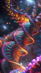 Fototapeta premium Futuristic digital art piece where DNA spiral create glowing fractal holographic display intricate molecular detail hyper realistic texture cinematic sci fi lighting vibrant color ultra sharp 8k