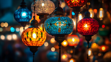 Mystical Lanterns Display: A captivating display of colorful, ornate lanterns, glowing with warm, inviting light, against a blurred backdrop of a lively market setting.