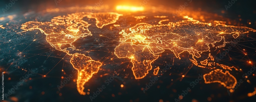 Poster glowing world map with illuminated network connections across continents at night