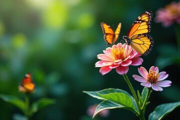 Colorful butterflies on a flower amidst green leaves and stems, wildlife, nature, blossoms