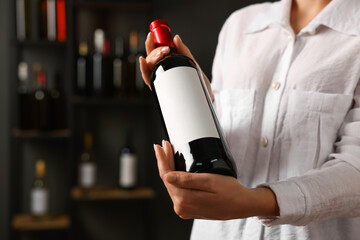 Professional sommelier holding bottle of red wine indoors, closeup. Space for text