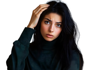 A young woman with long black hair and a turtleneck sweater is perplexed by the query. doubtful and unsure, hand on head as though thinking. deep thought.