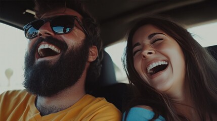 Happy couple laughing in car, road trip, sunny day, coastal background, travel blog