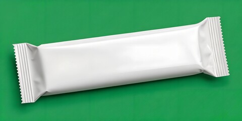 A clean and modern mockup of a blank white snack bar wrapper placed on a vibrant green background. Ideal for branding, product packaging design, and promotional materials.