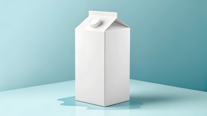 A high-quality mockup of a white milk carton with a blank label standing on a light blue surface with spilled liquid. Ideal for dairy product branding, packaging design, and advertising.