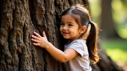 A little girl hugs the trunk of an ancient sequoia tree, feeling connected to nature. A warm, sincere moment of unity with a tree symbolizes concern for the environment