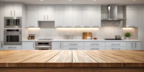 A wooden countertop with a modern white kitchen in the background. Bright lighting, sleek cabinets, and a clean design create a contemporary and functional cooking space.