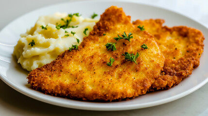 A white plate topped with mashed potatoes and breaded chicken