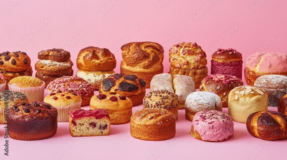 Poster a colorful array of freshly baked pastries displayed on a pink background, showcasing various textur