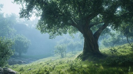 Obraz premium Majestic oak tree in sunlit forest landscape with lush greenery and morning mist
