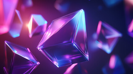 Floating 3d prisms with glowing edges, technology abstract background, futuristic and stylish. Floating Prism Landscapes. Illustration
