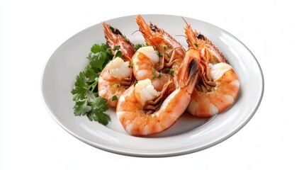 Cooked prawns, parsley garnish, white plate, studio shot, food menu