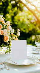 A table set for a wedding reception with a white table cloth and place setting