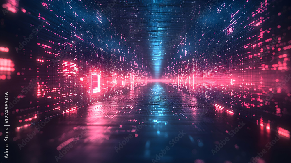 Poster futuristic digital tunnel with glowing code, possible use in technology presentations