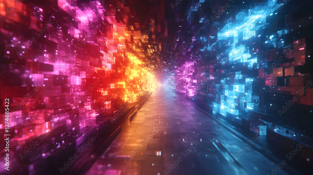 Poster futuristic digital tunnel glowing with vibrant colors. possible use background for technology presen