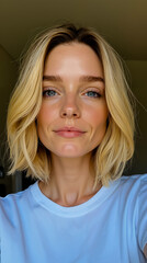 Fototapeta premium A woman with blonde hair and blue eyes is taking a selfie