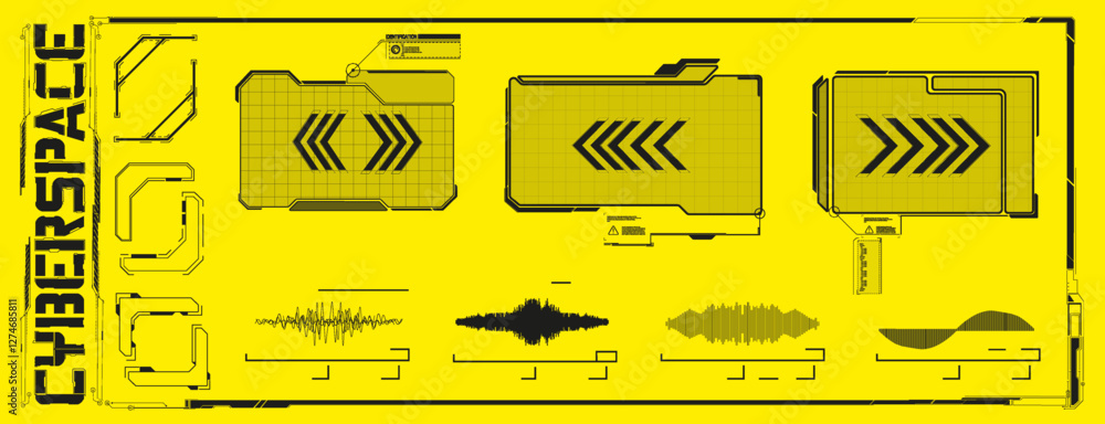 Poster futuristic interface displaying digital elements in a vibrant yellow color scheme with directional a